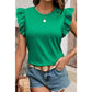 Lisha Green Embroidered Ruffled Sleeve Slim Fit Crew Neck Top
