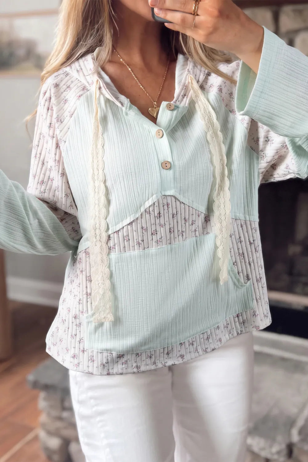 Lisha Textured Floral Patchwork Button Hooded Long Sleeve Top