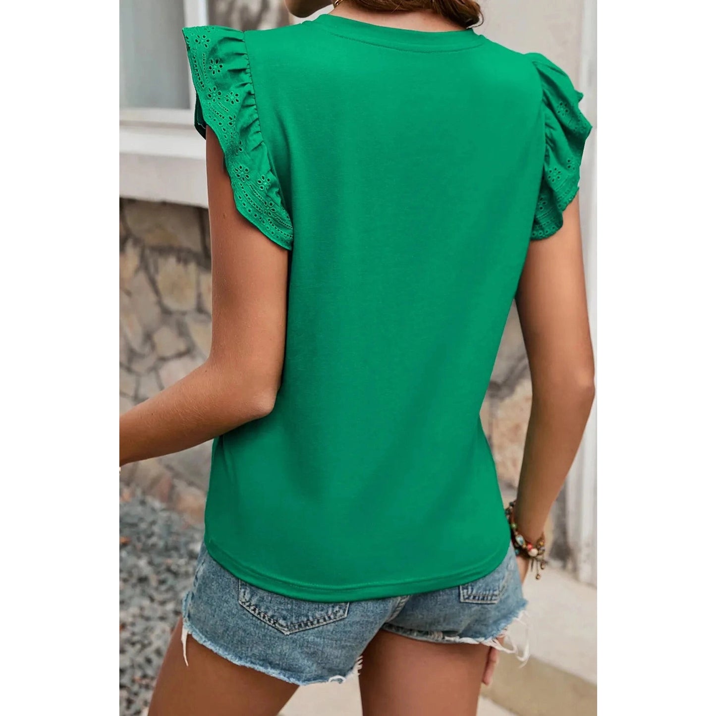Lisha Green Embroidered Ruffled Sleeve Slim Fit Crew Neck Top