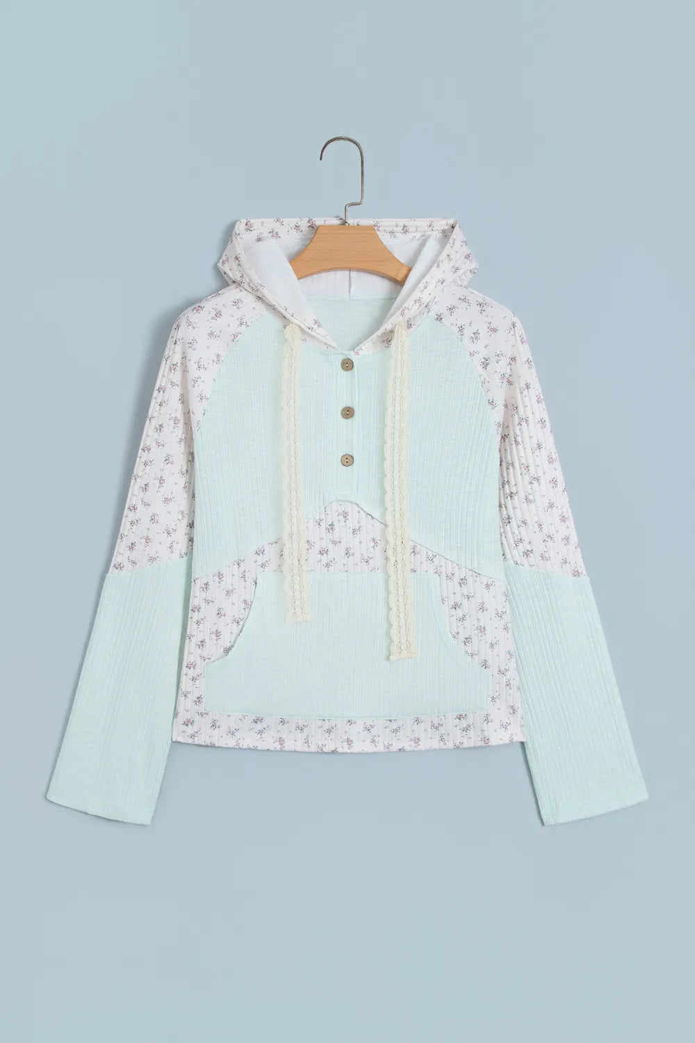 Lisha Textured Floral Patchwork Button Hooded Long Sleeve Top