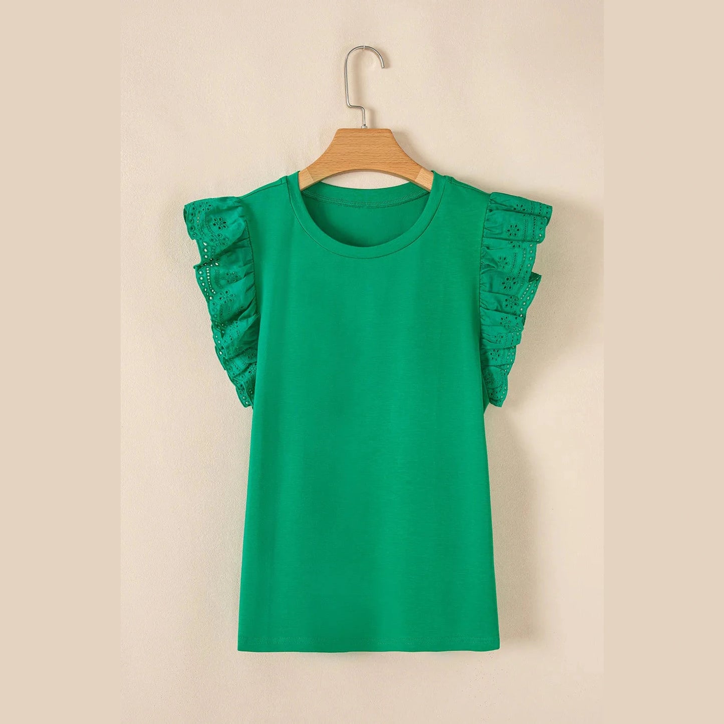 Lisha Green Embroidered Ruffled Sleeve Slim Fit Crew Neck Top