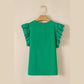 Lisha Green Embroidered Ruffled Sleeve Slim Fit Crew Neck Top