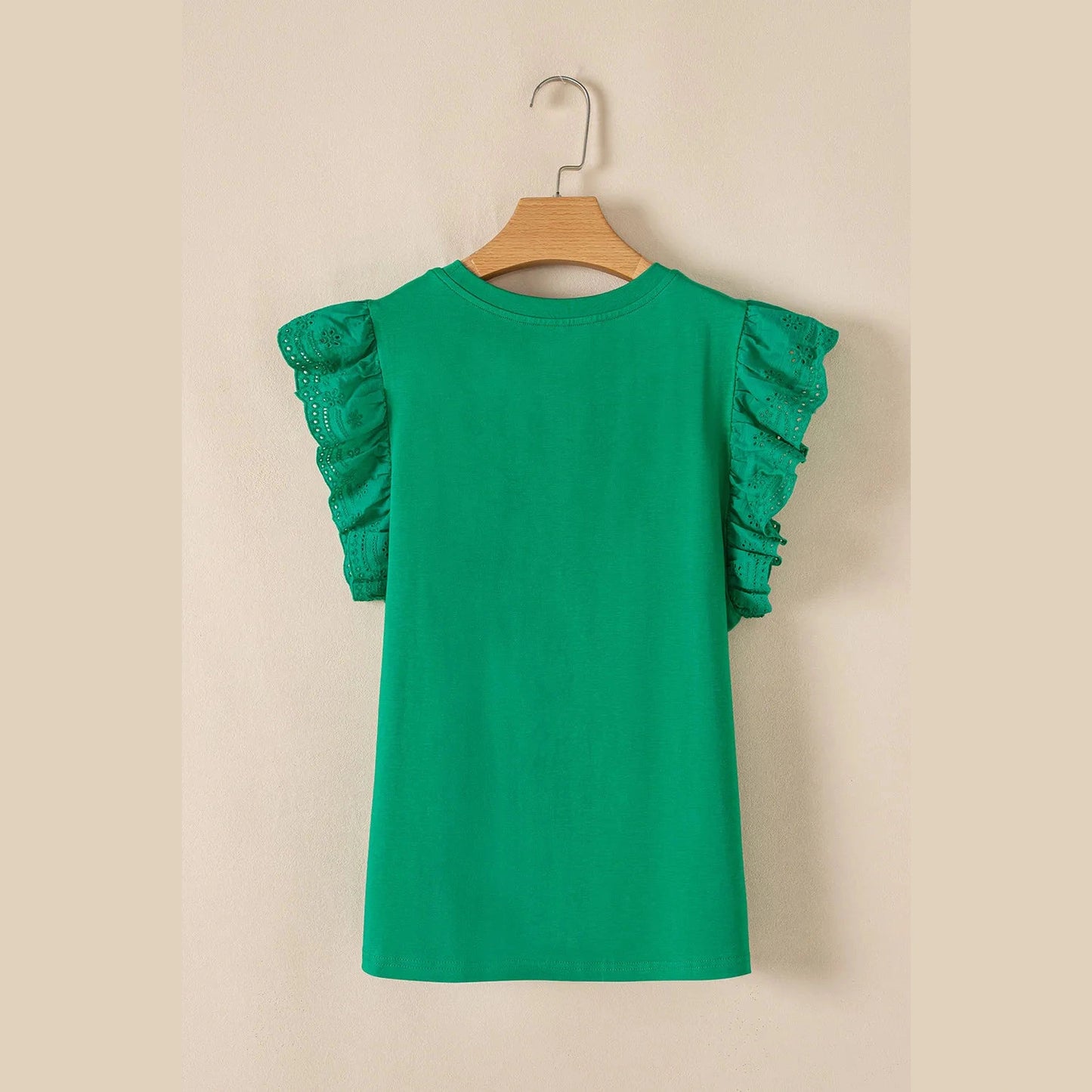 Lisha Green Embroidered Ruffled Sleeve Slim Fit Crew Neck Top