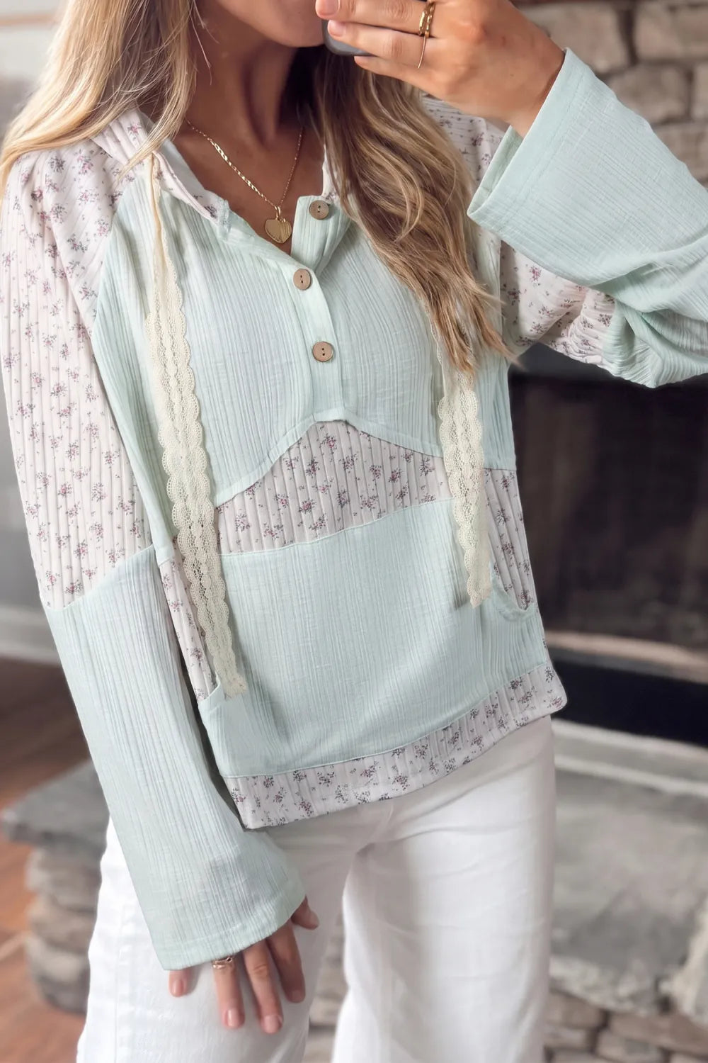 Lisha Textured Floral Patchwork Button Hooded Long Sleeve Top