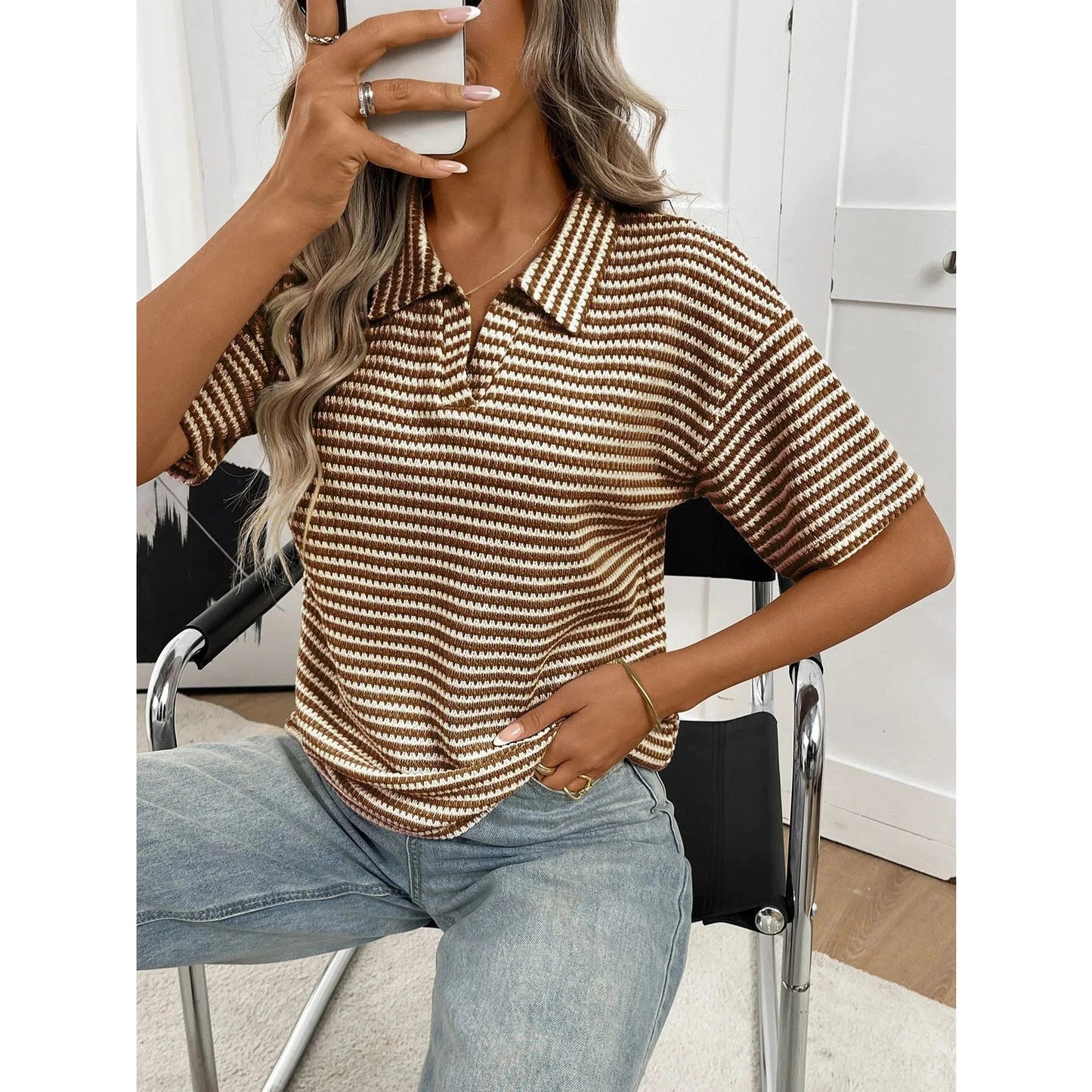 Lissy Mocha Stripe Polo Knit Top