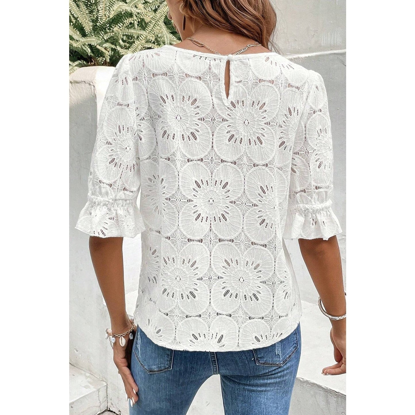 Livy White Flower Eyelet Jacquard Keyhole Flounce Sleeve Top