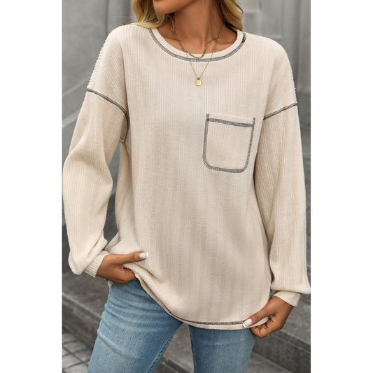 Liz Apricot Drop Shoulder Contrast Stitching Long Sleeve Shirt