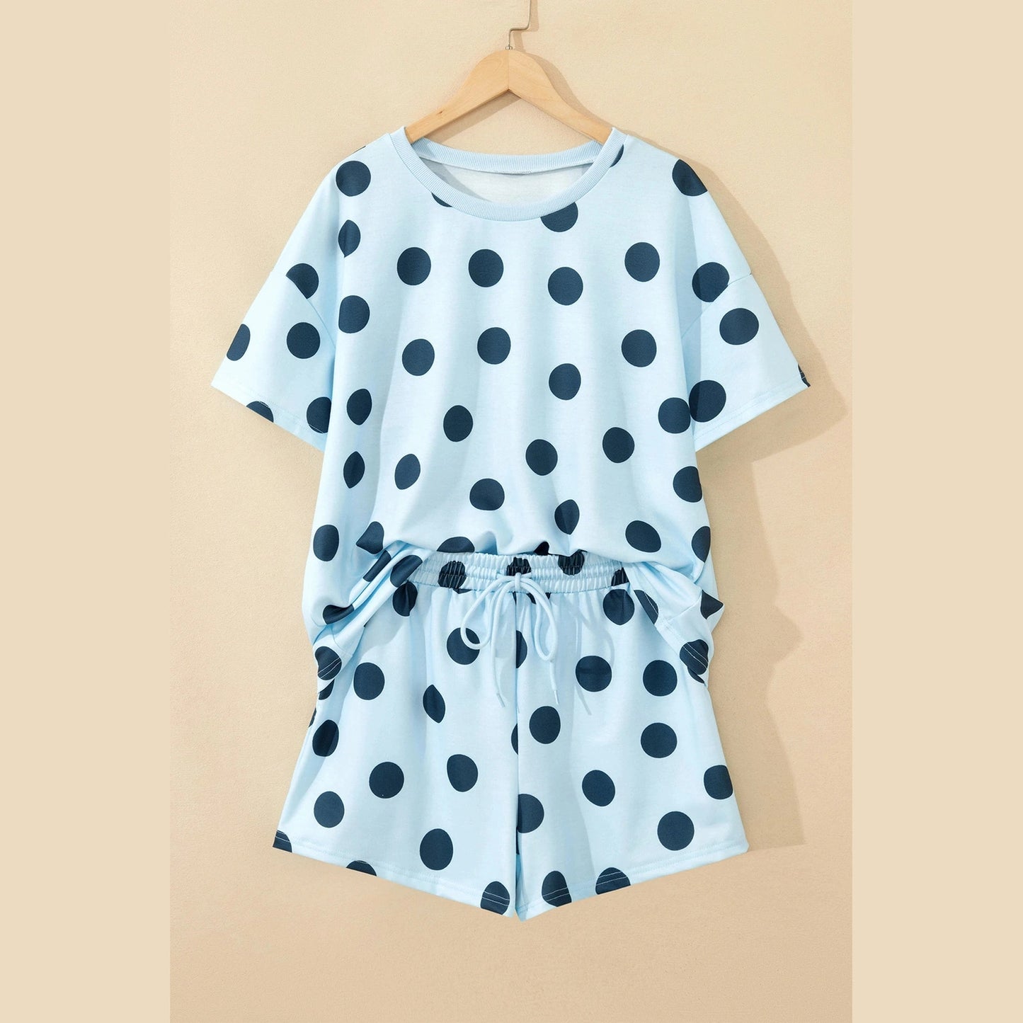 Liz Blue Polka Dot Print Loose Tee Drawstring Elastic Waist Short Set