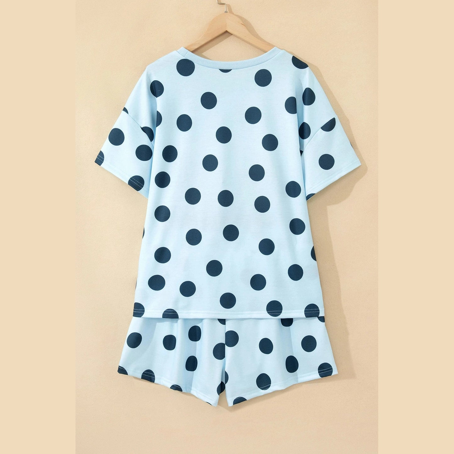 Liz Blue Polka Dot Print Loose Tee Drawstring Elastic Waist Short Set