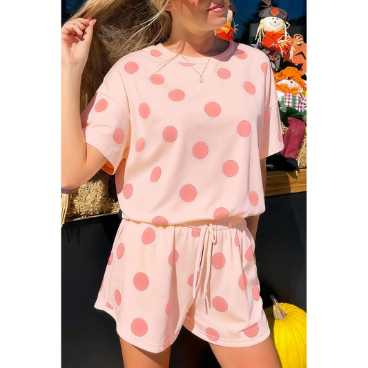 Liz Pink Polka Dot Print Loose Tee Drawstring Elastic Waist Short Set