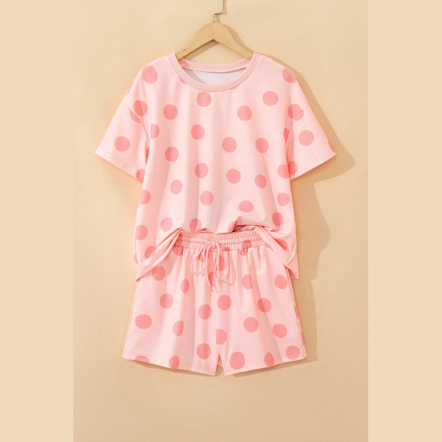 Liz Pink Polka Dot Print Loose Tee Drawstring Elastic Waist Short Set