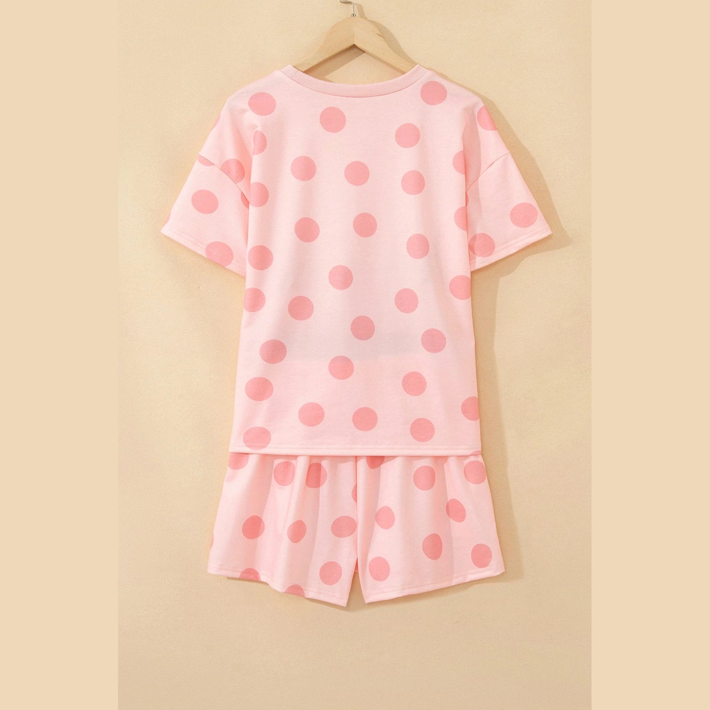 Liz Pink Polka Dot Print Loose Tee Drawstring Elastic Waist Short Set