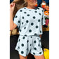 Liz Blue Polka Dot Print Loose Tee Drawstring Elastic Waist Short Set