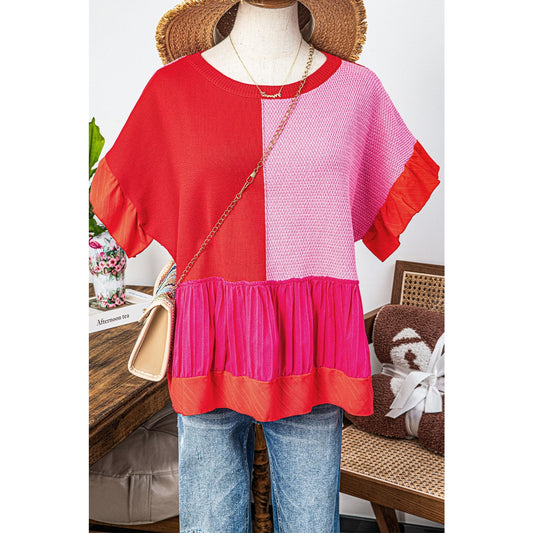 Liza Tomato Red Mix Knitted Patchwork Ruffle Trim Loose Sweater