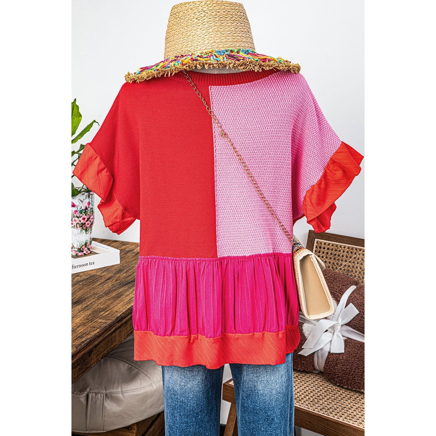 Liza Tomato Red Mix Knitted Patchwork Ruffle Trim Loose Sweater