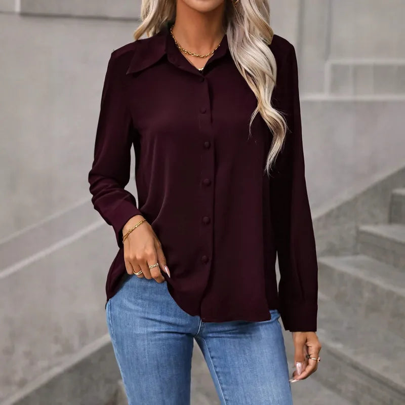 Lizza Wine Button Up Curved Hem Blouse