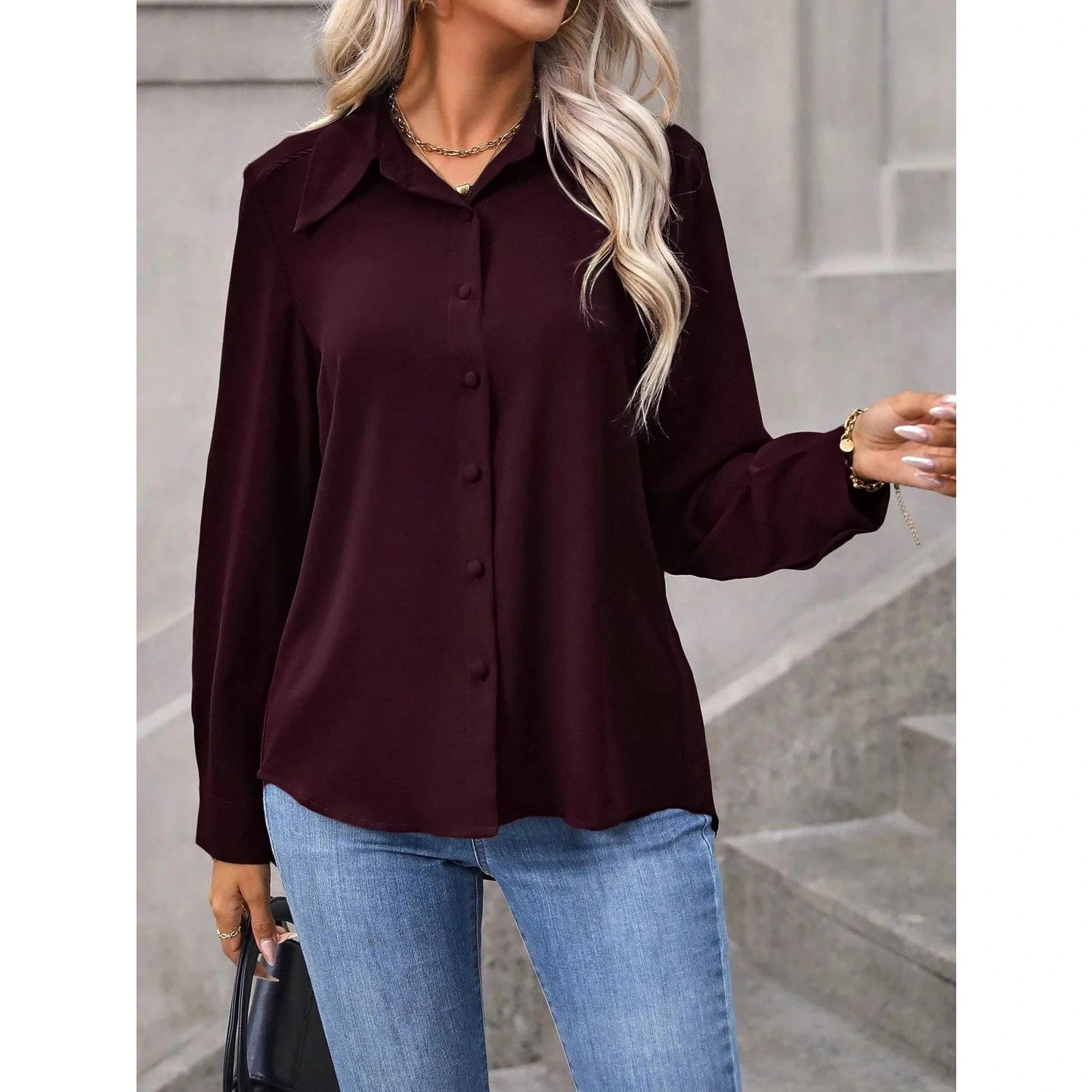 Lizza Wine Button Up Curved Hem Blouse