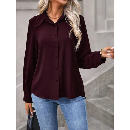 Lizza Wine Button Up Curved Hem Blouse