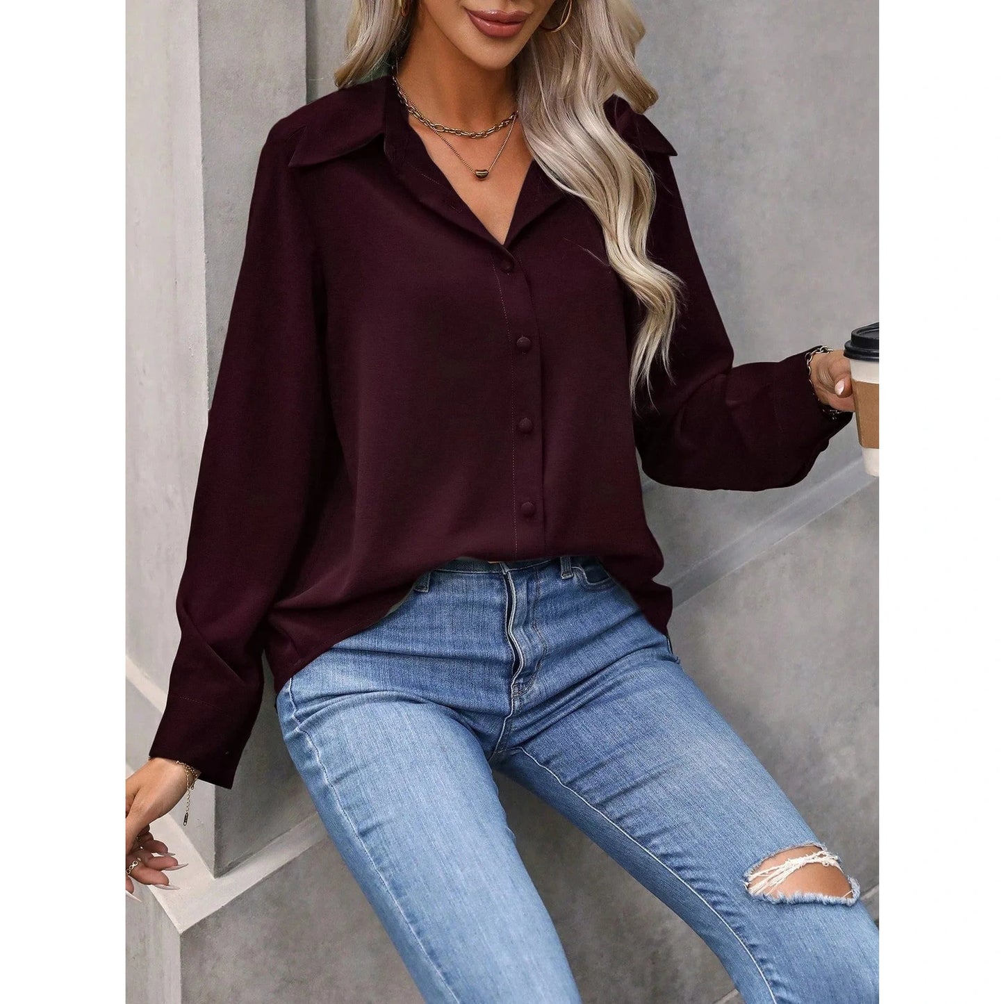 Lizza Wine Button Up Curved Hem Blouse