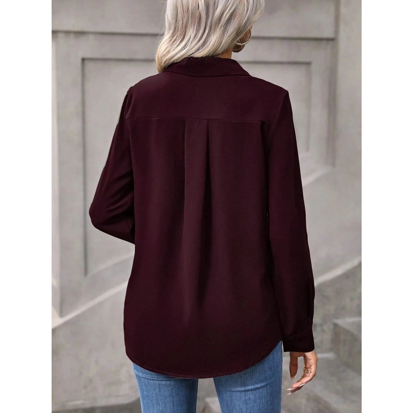 Lizza Wine Button Up Curved Hem Blouse