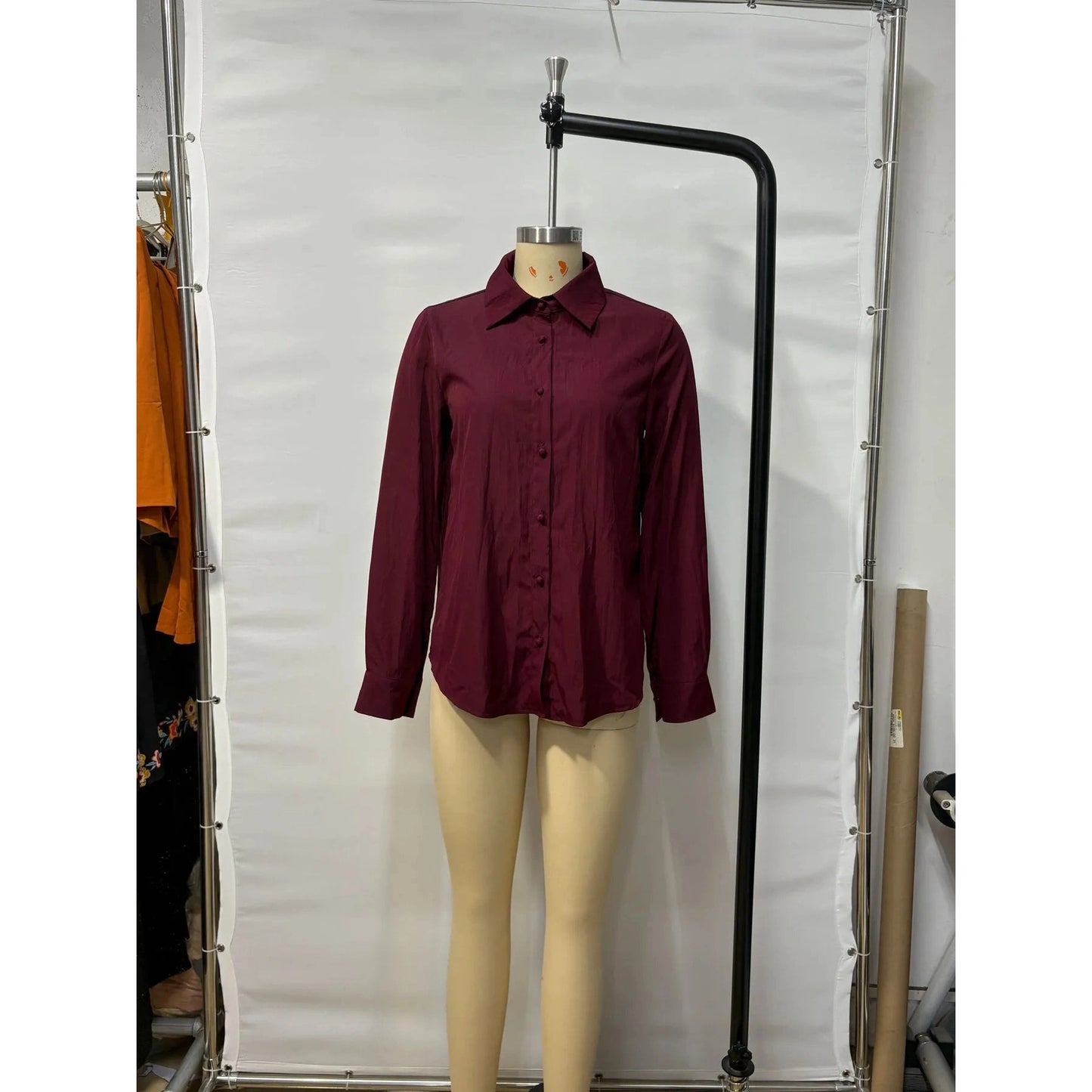 Lizza Wine Button Up Curved Hem Blouse