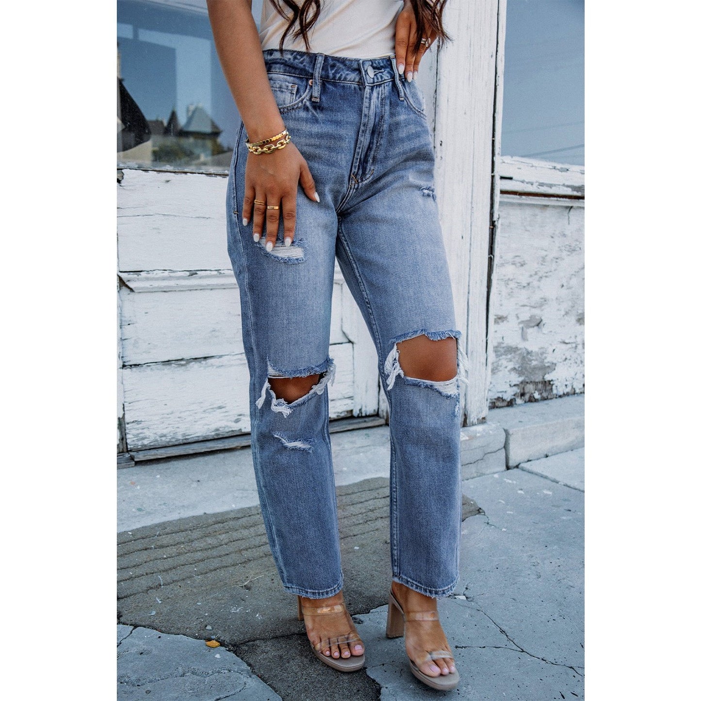 Lizzy Sky Blue Open Knee Cutout Straight Leg Jeans