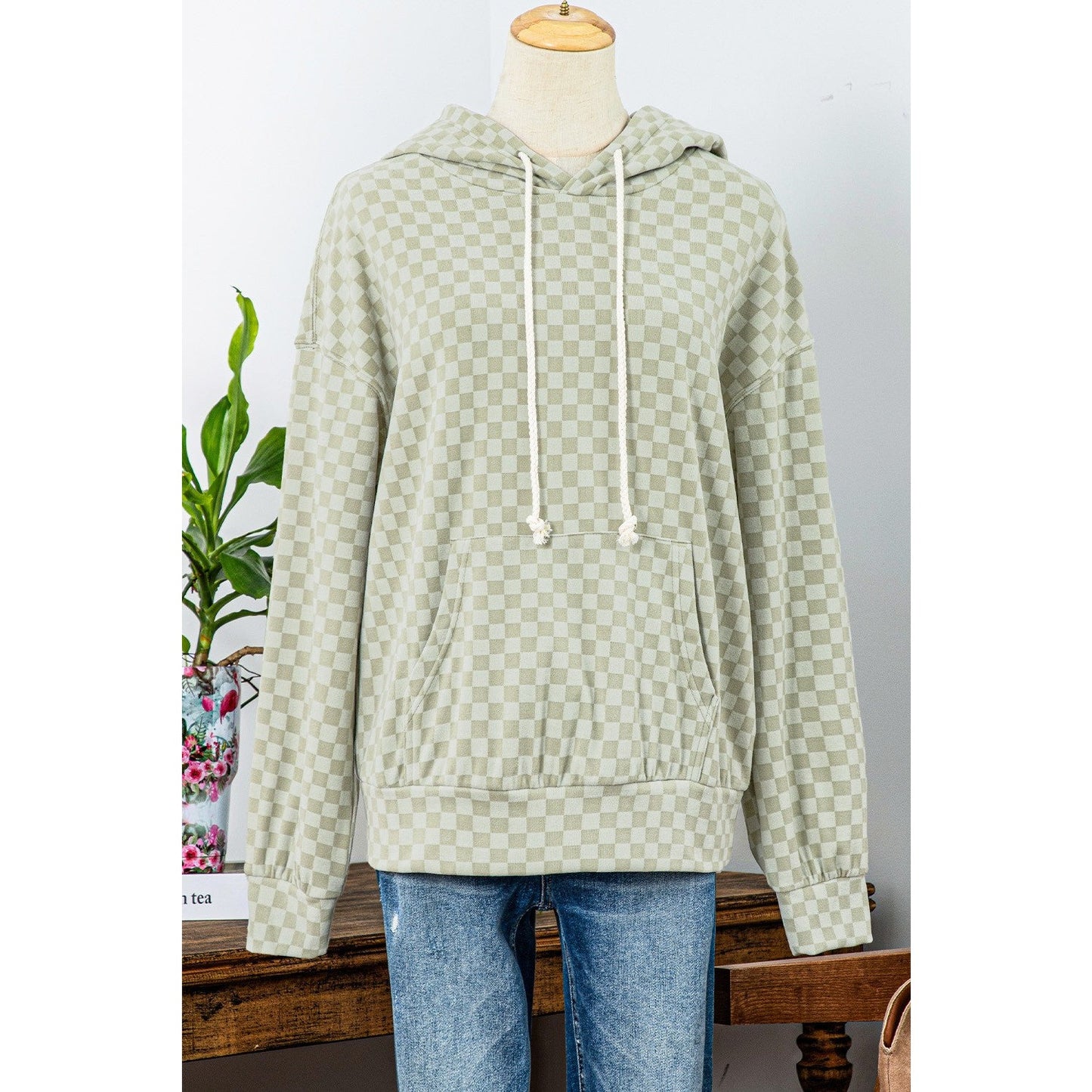 REDUCED!!!  Locie Green Checkered Print Kangaroo Pocket Drawstring Hoodie  REDUCED!!!