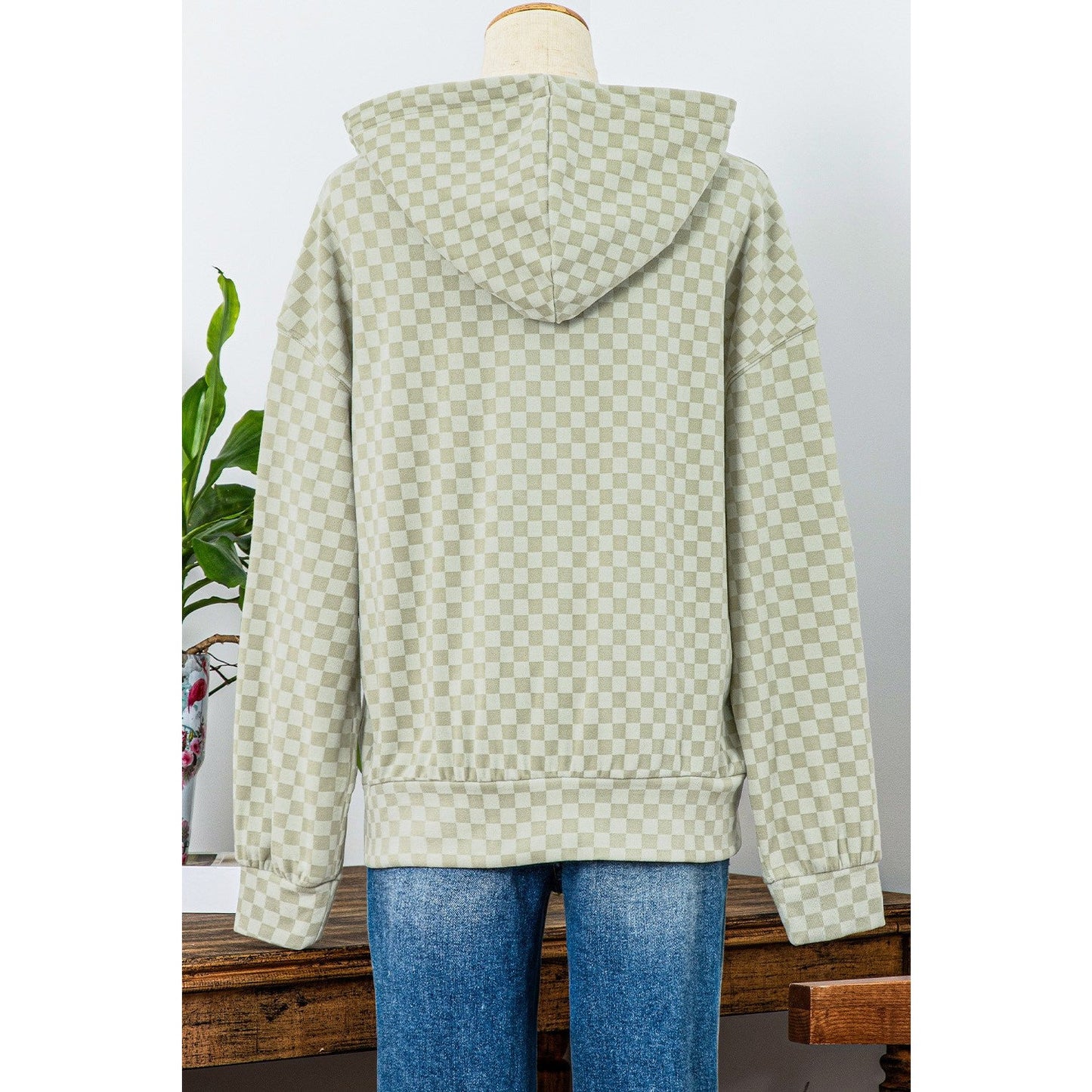 REDUCED!!!  Locie Green Checkered Print Kangaroo Pocket Drawstring Hoodie  REDUCED!!!