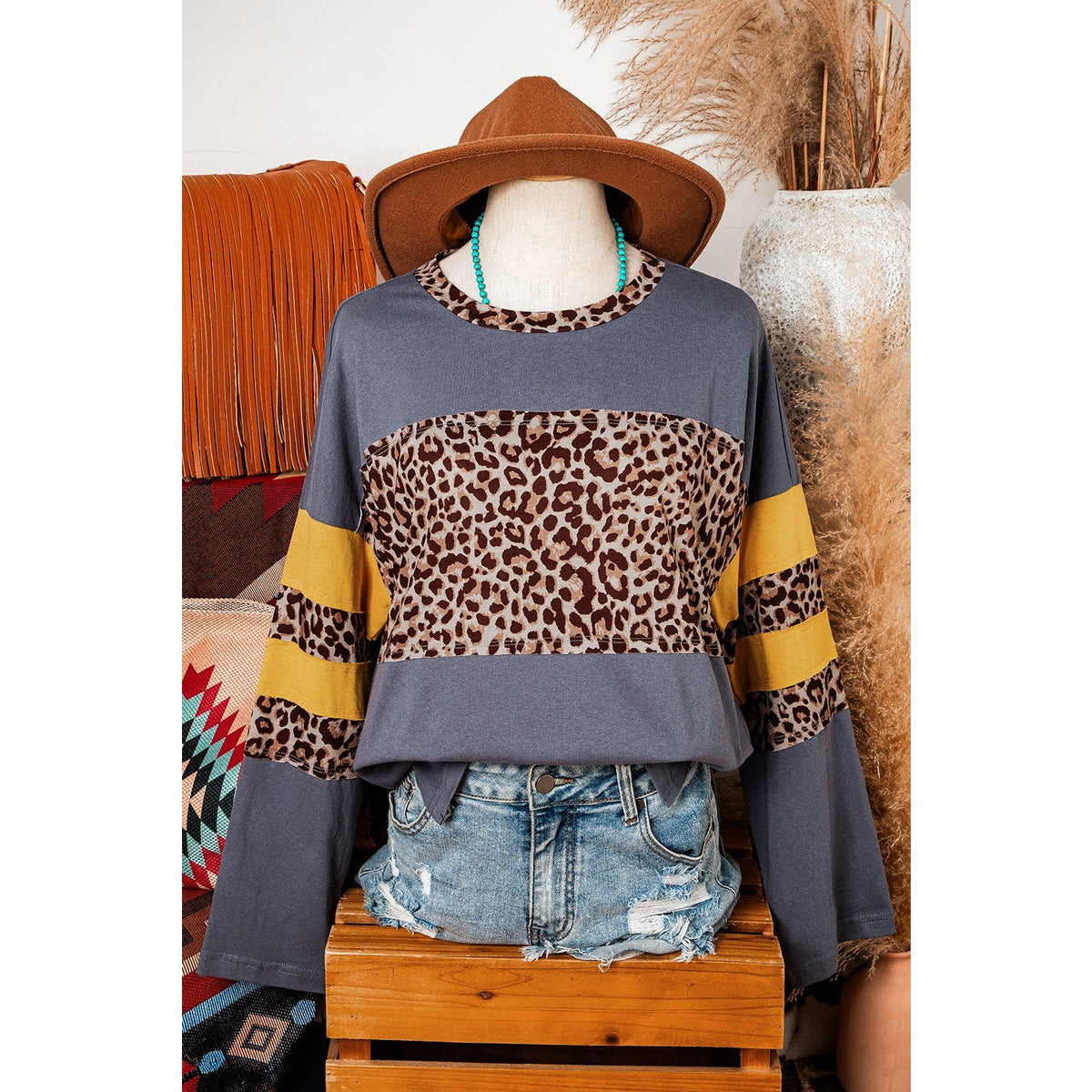 Loice Blue Leopard Colorblock Patchwork Long Sleeve Drop Shoulder Top ...