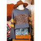 Loice Blue Leopard Colorblock Patchwork Long Sleeve Drop Shoulder Top
