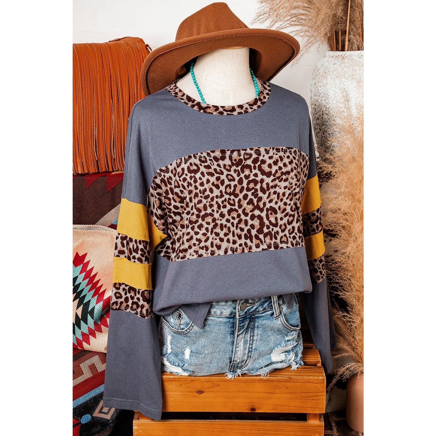 Loice Blue Leopard Colorblock Patchwork Long Sleeve Drop Shoulder Top