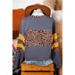 Loice Blue Leopard Colorblock Patchwork Long Sleeve Drop Shoulder Top