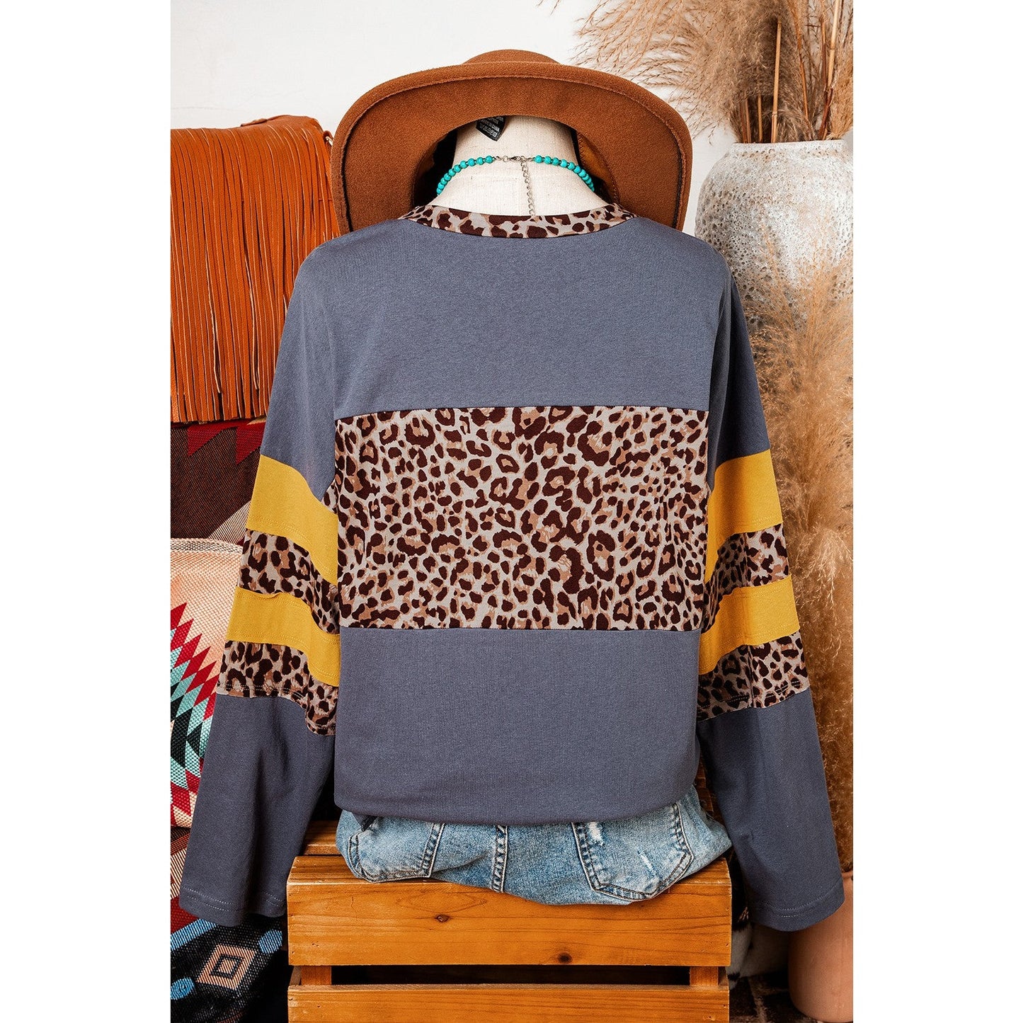 Loice Blue Leopard Colorblock Patchwork Long Sleeve Drop Shoulder Top