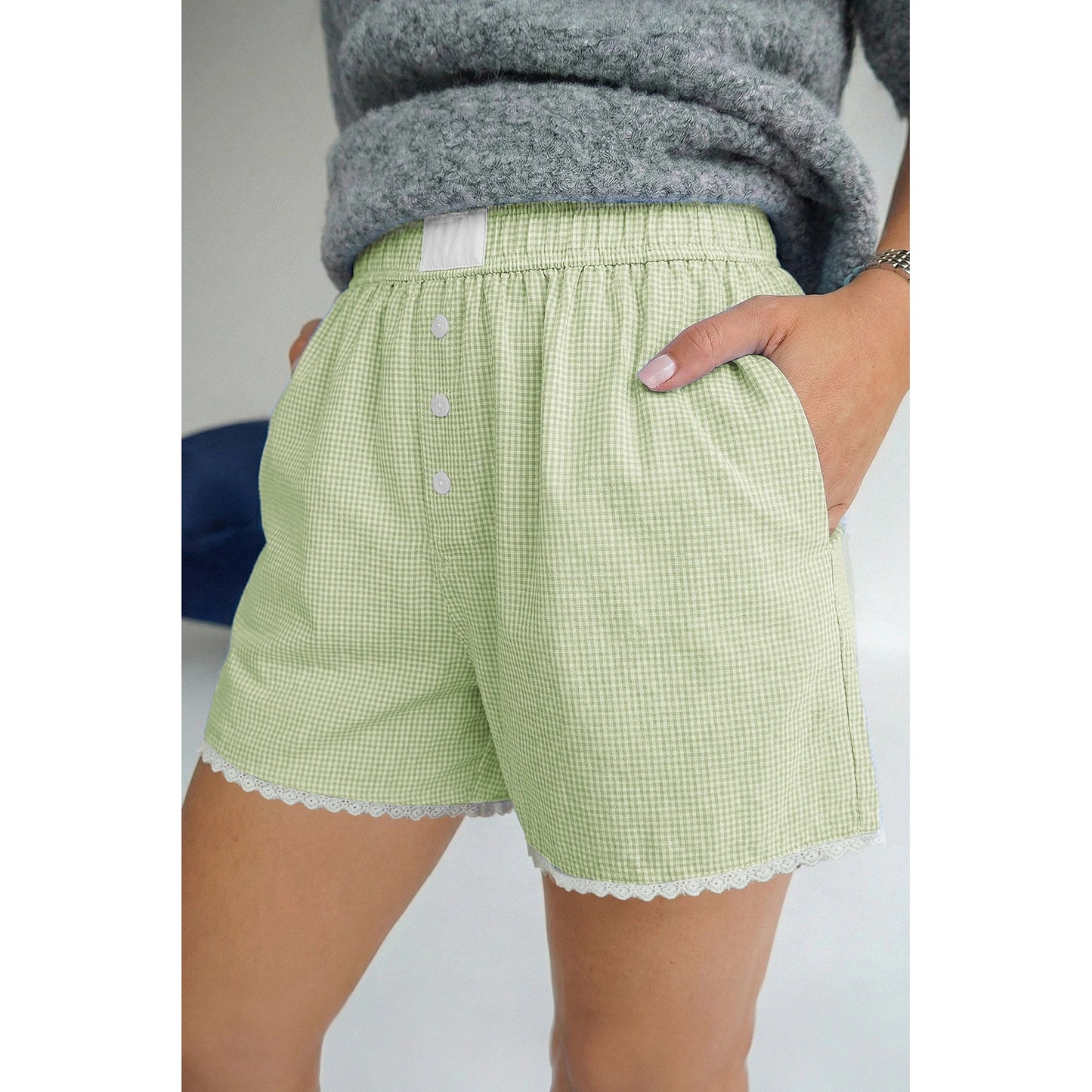 Lolo Green Plaid Gingham Printed High Waist Shorts