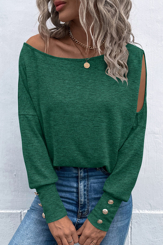 London Green Asymmetrical Cut Out Buttoned Long Sleeve Top