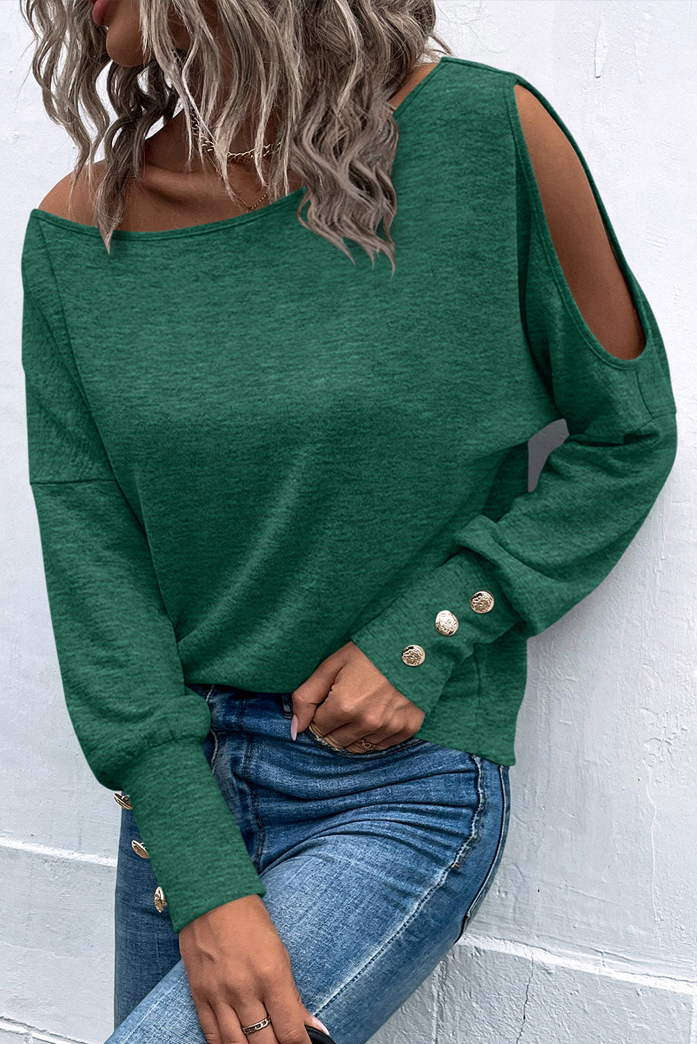 London Green Asymmetrical Cut Out Buttoned Long Sleeve Top