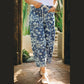 Loreli Sky Blue Dainty Floral Printed Drawstring Barrel Jeans
