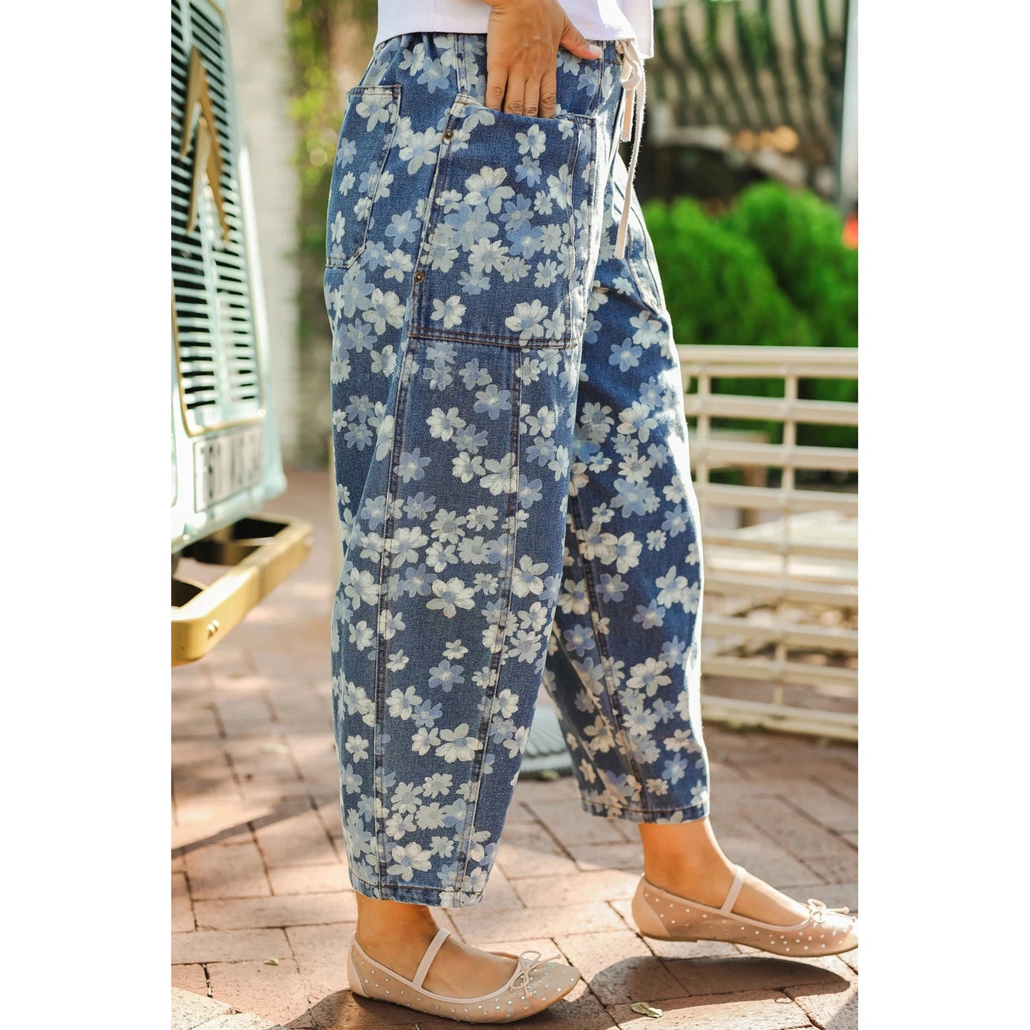 Loreli Sky Blue Dainty Floral Printed Drawstring Barrel Jeans