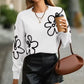 Lorenda White Floral Pattern Drop Shoulder Sweater