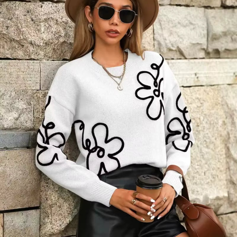 Lorenda White Floral Pattern Drop Shoulder Sweater