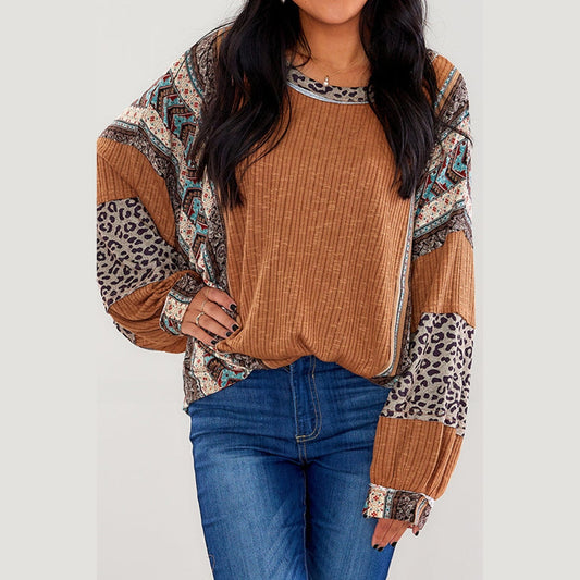 Lorette Brown Mixed Print Ribbed Knit Loose Top