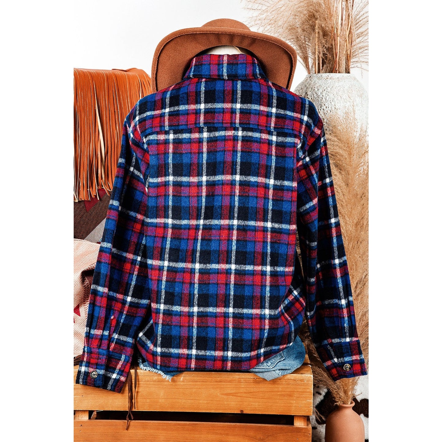 Lorinda Navy Blue Plaid Flap Pocket Button Up Shacket