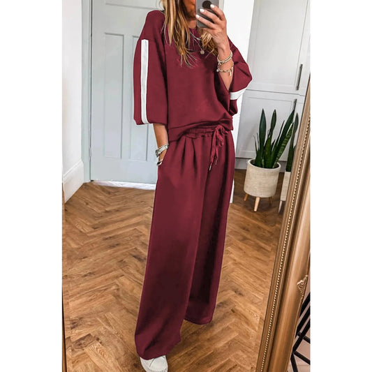 RTS Burgundy Varsity Striped 3/4 Sleeve Pullover Drawstring Sweatpants Set