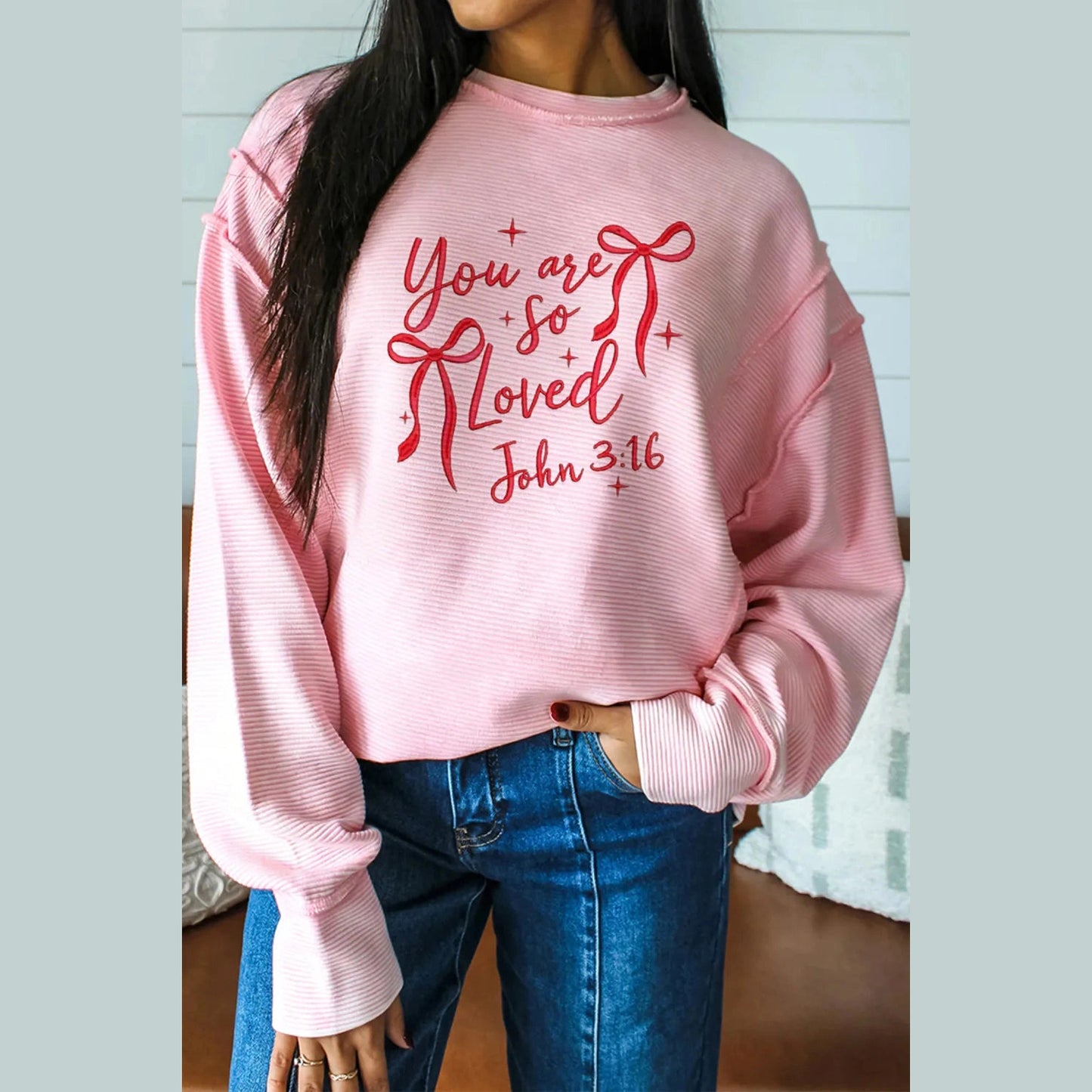 RTS Pink You Are So Loved Embroidered Graphic Pullover Top