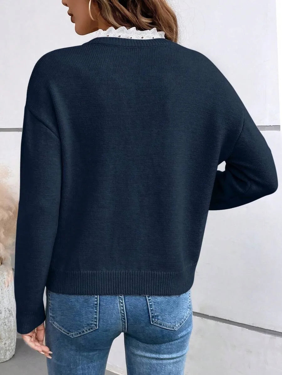 Lovina Navy Sweater With Scalloped Lace‑Trim Neckline