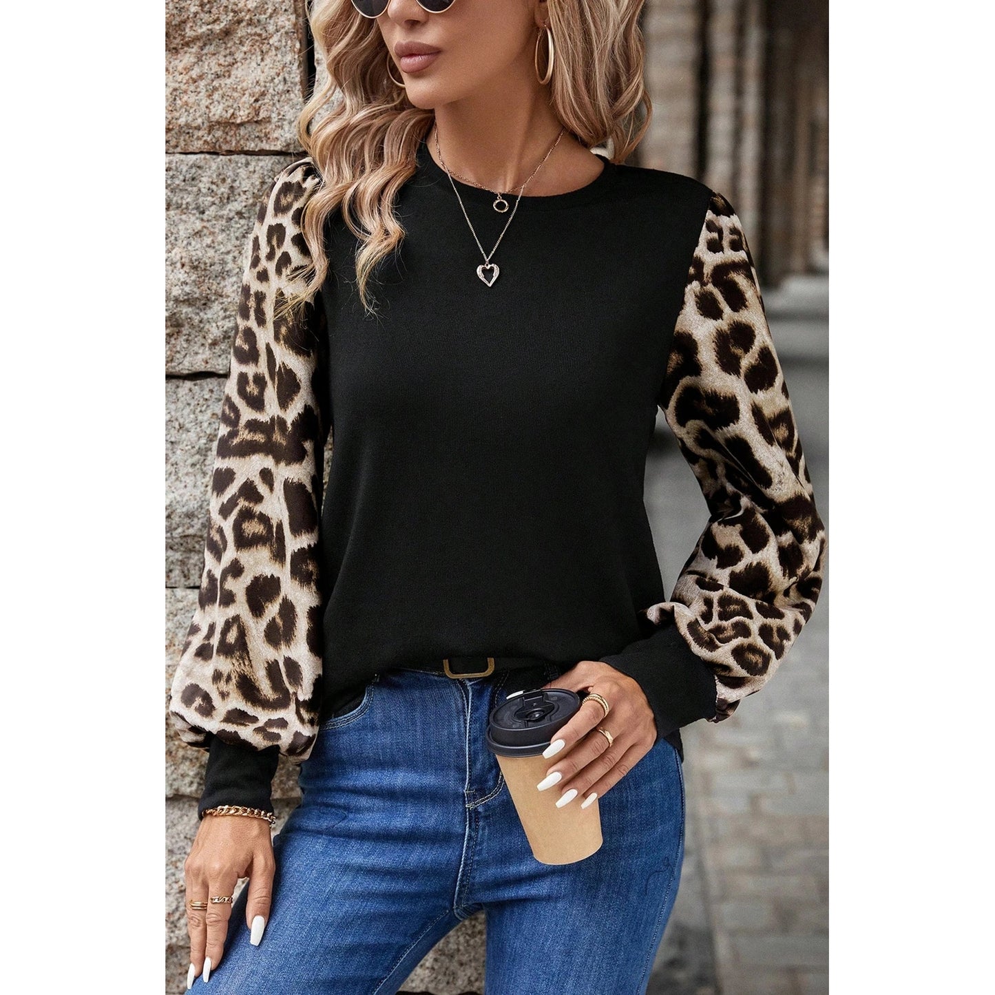 Lily Rose Khaki Leopard Puff Sleeve Patchwork Top