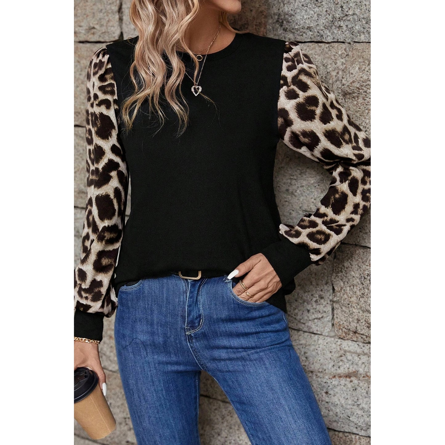 Lily Rose Khaki Leopard Puff Sleeve Patchwork Top