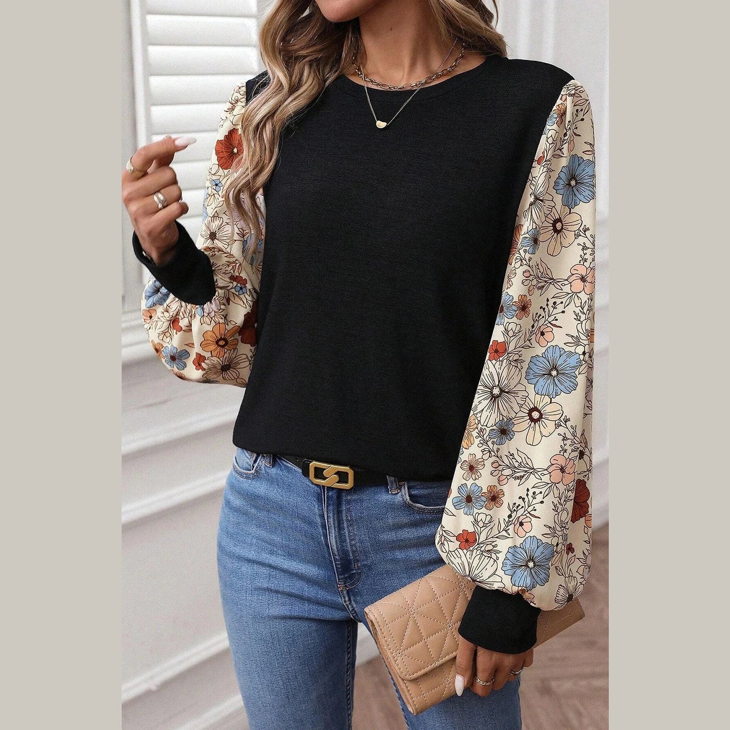 Lily Rose Flower Puff Sleeve Patchwork Top