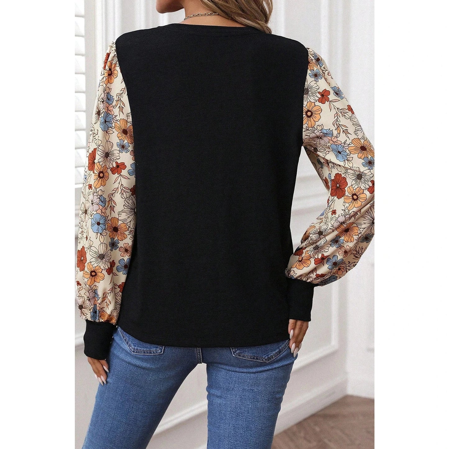 Lily Rose Flower Puff Sleeve Patchwork Top
