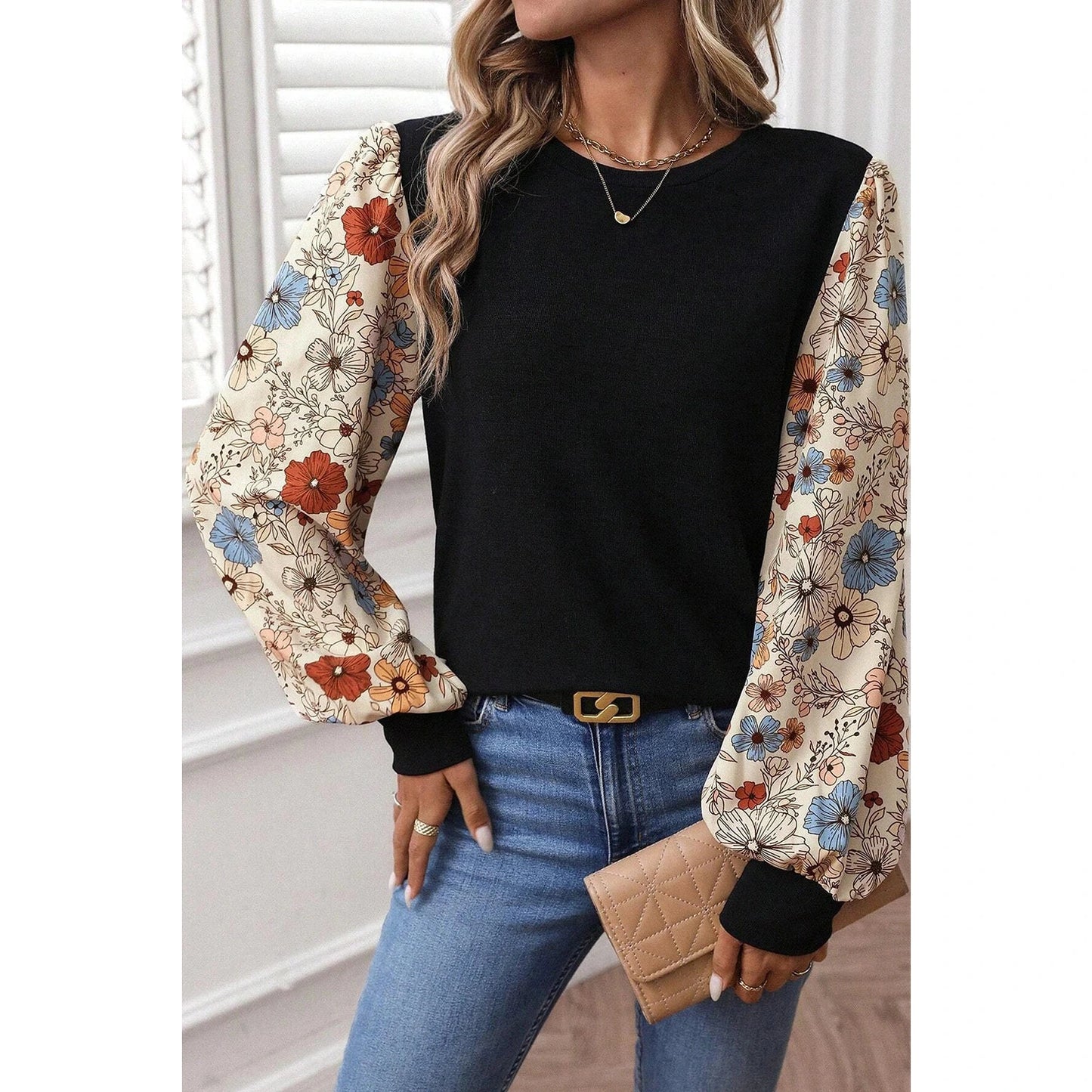 Lily Rose Flower Puff Sleeve Patchwork Top